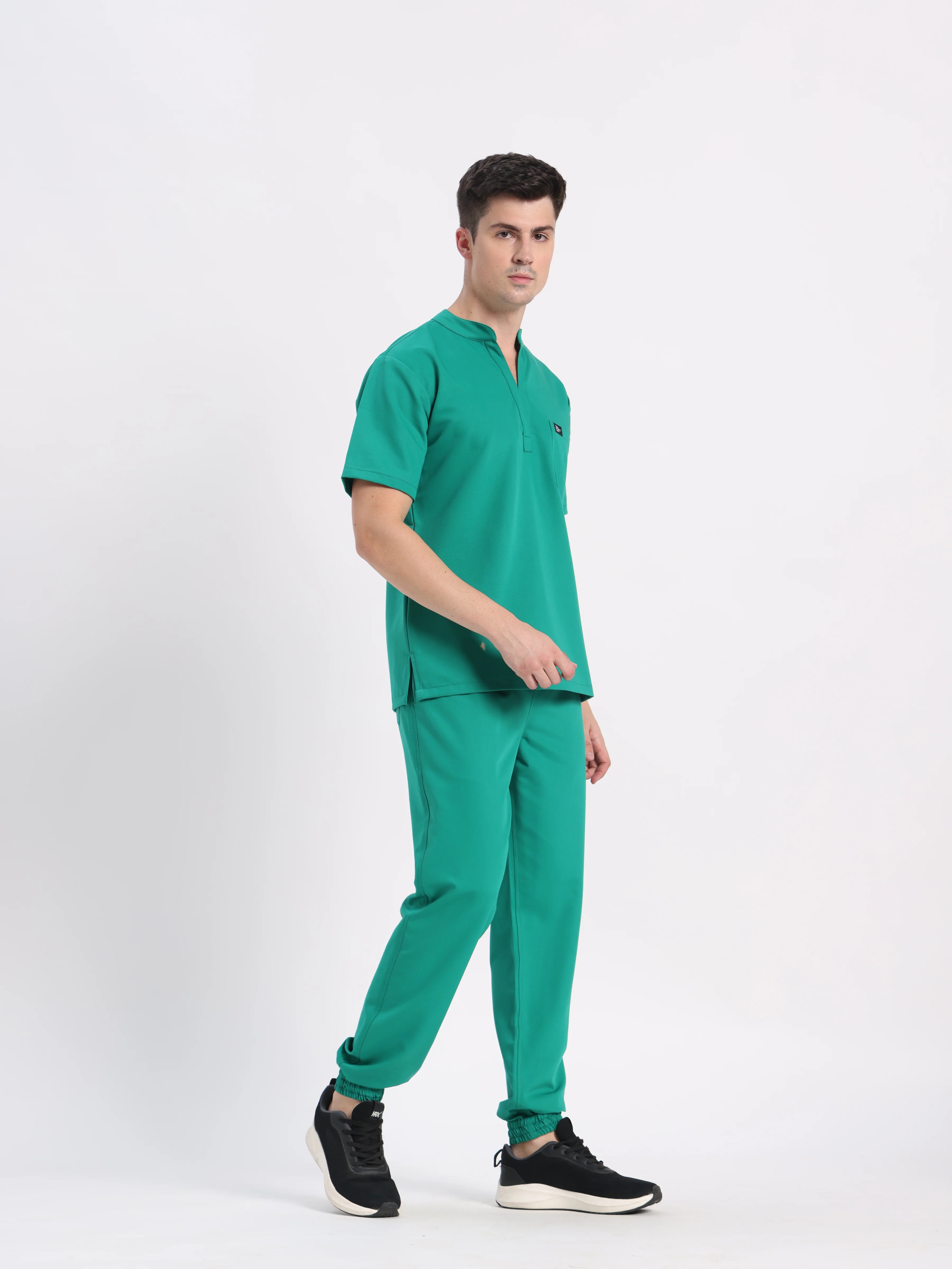 Stretchable (4Way) Men Sea Green Mandarin Neck with Jogger Scrub Set - Image 3