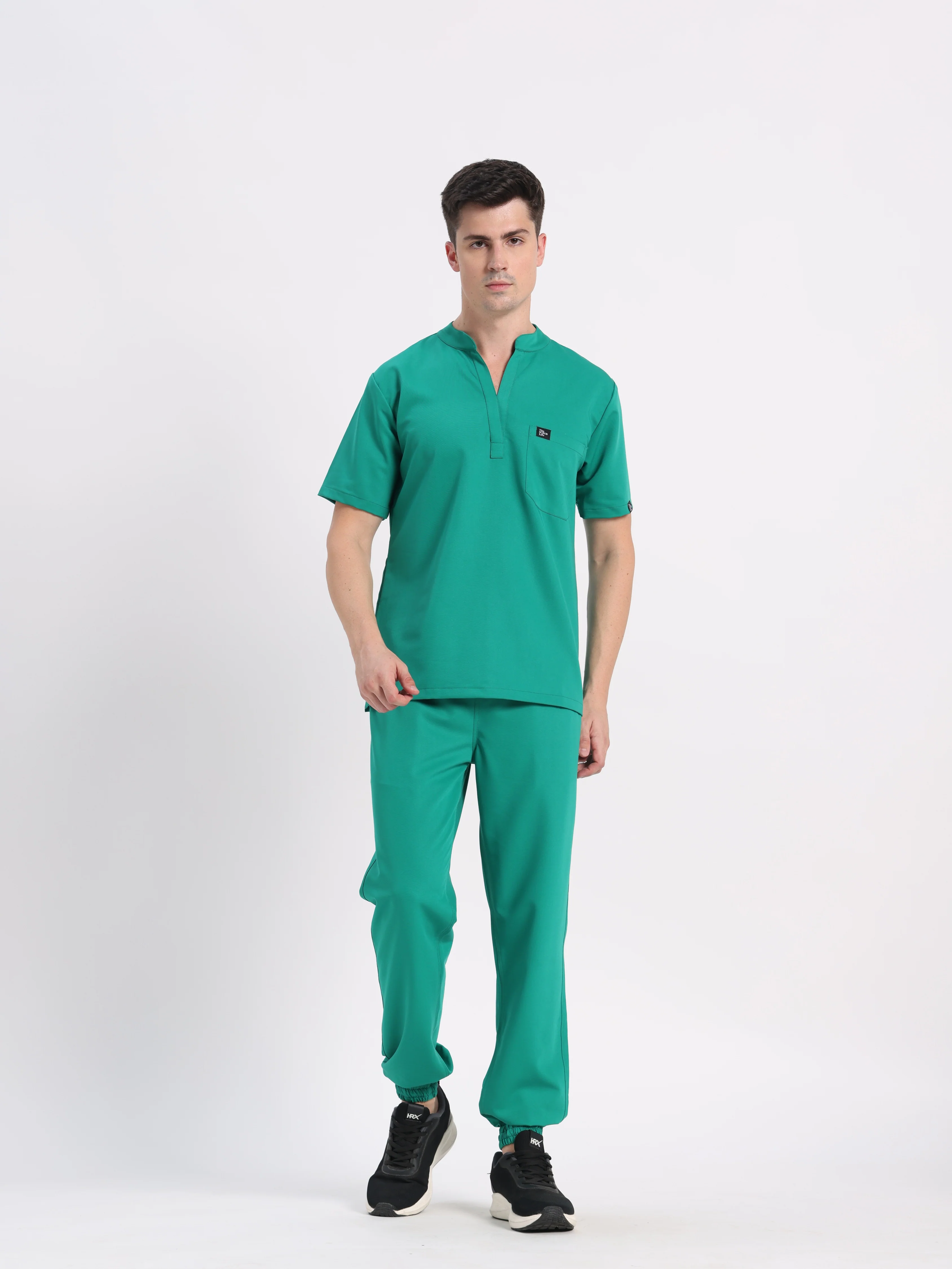 Stretchable (4Way) Men Sea Green Mandarin Neck with Jogger Scrub Set - Image 6