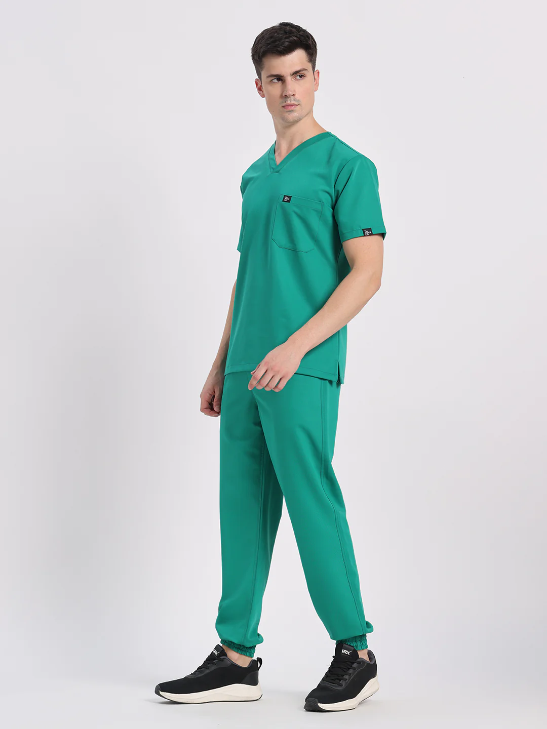 Stretchable (4Way) Men Sea Green V-Neck With Jogger Scrub Set - Image 3