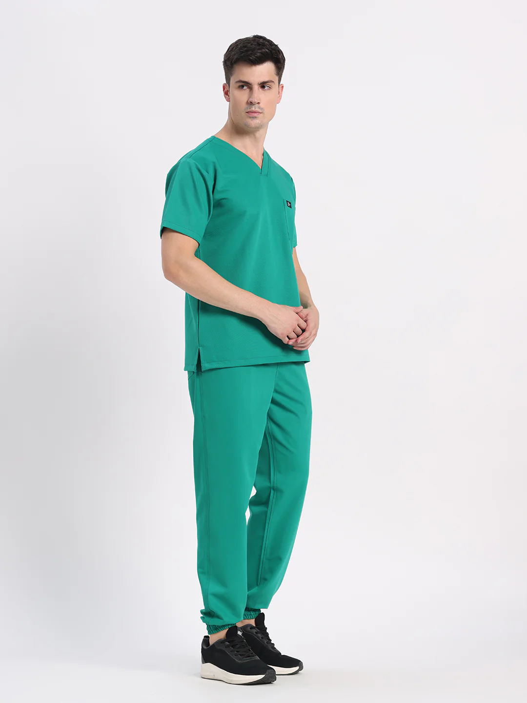Stretchable (4Way) Men Sea Green V-Neck With Jogger Scrub Set - Image 4