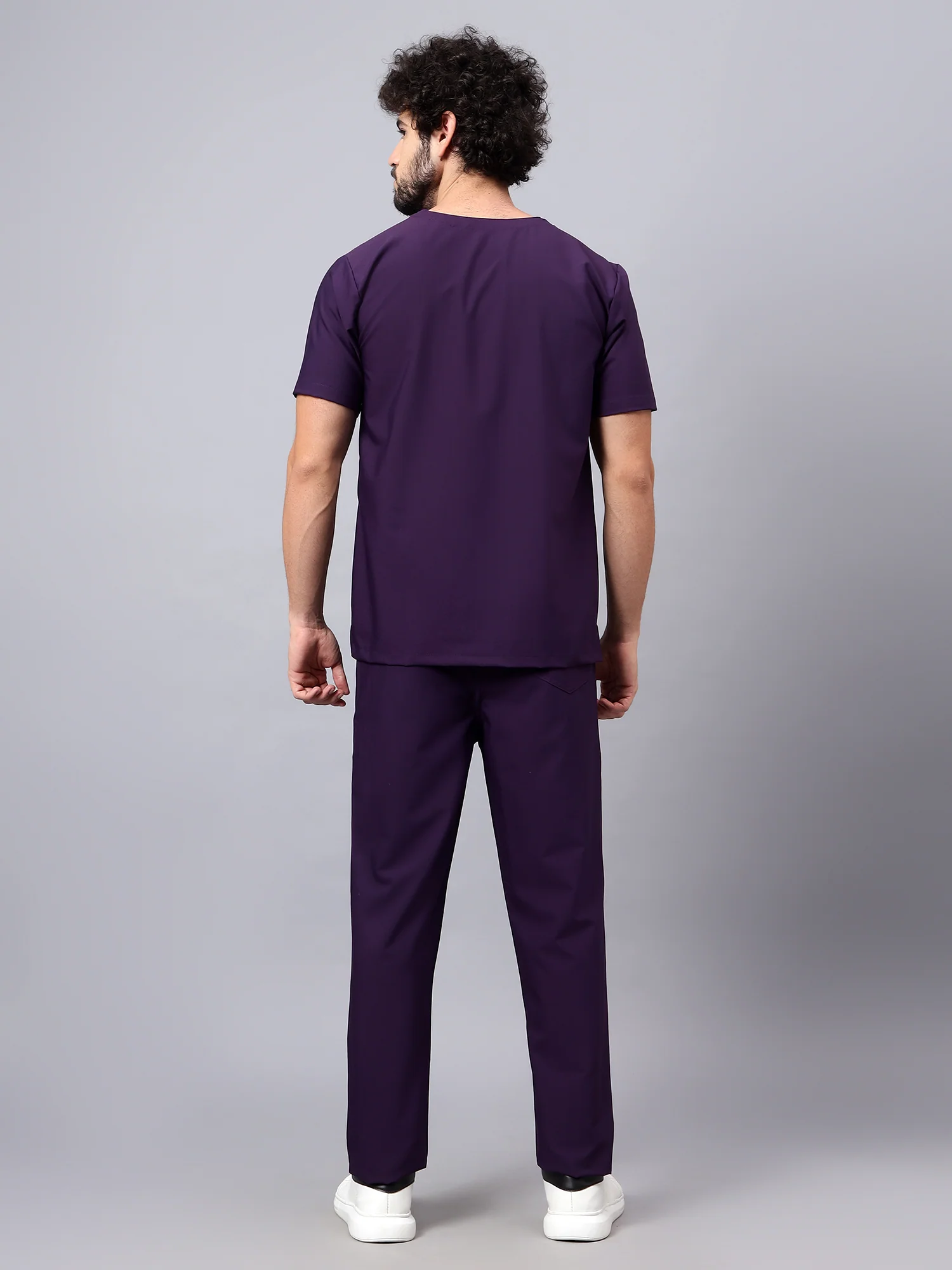 Stretchable (4Way) Men Violet V-Neck With Straight Pant Scrub Set - Image 3