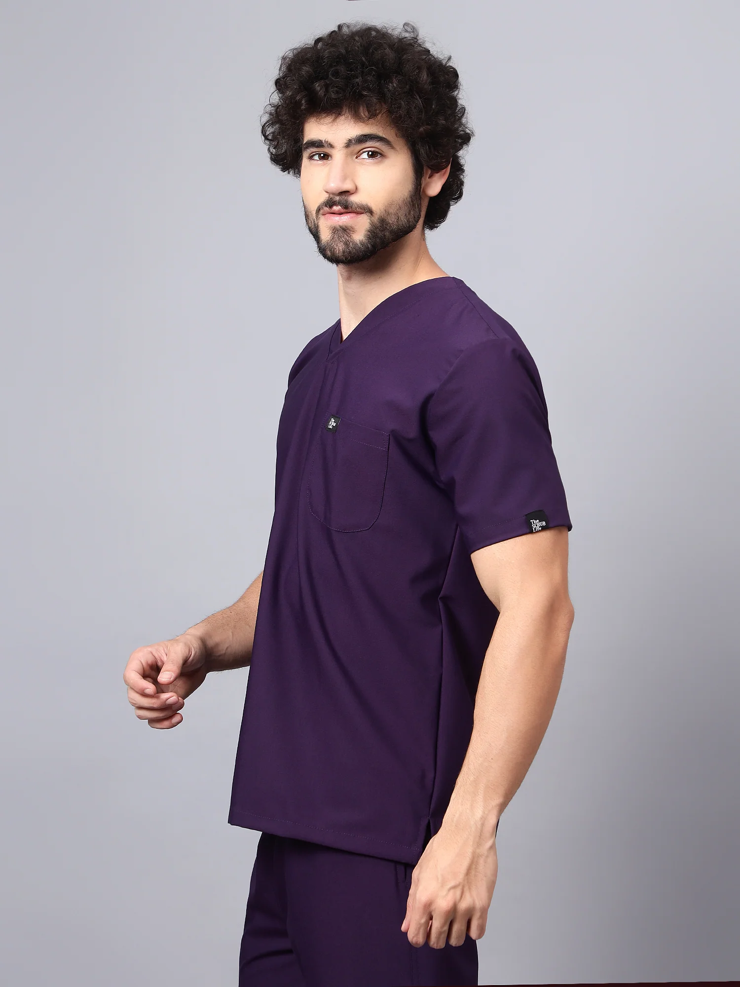 Stretchable (4Way) Men Violet V-Neck With Straight Pant Scrub Set - Image 5