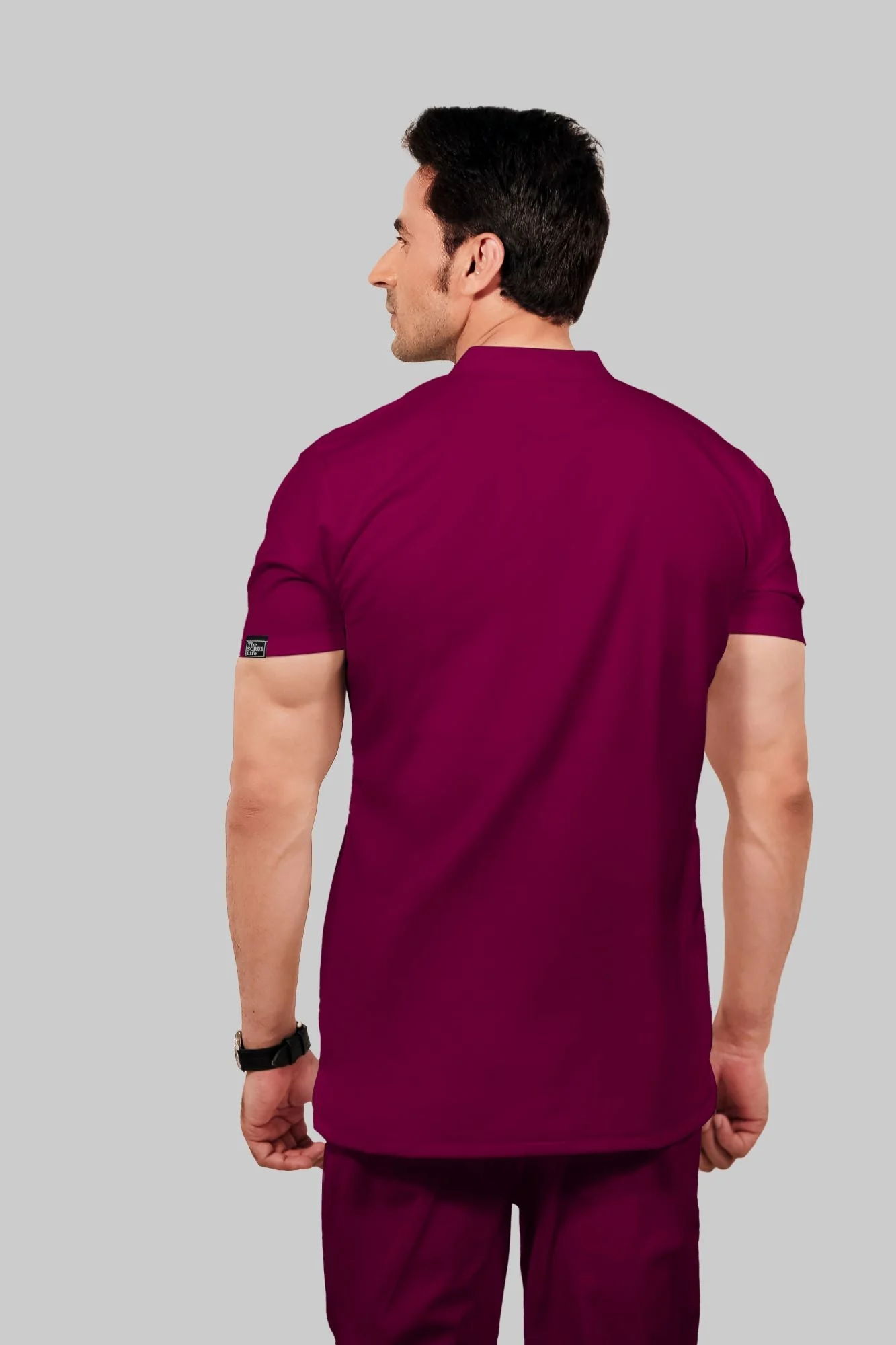 Stretchable (4Way) Men Wine Mandarin Neck With Jogger Scrub Set - Image 3