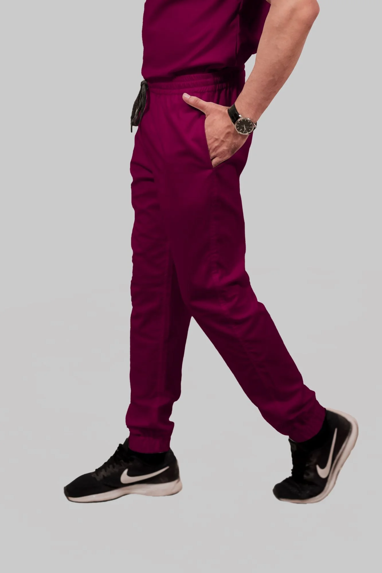 Stretchable (4Way) Men Wine Mandarin Neck With Jogger Scrub Set - Image 5