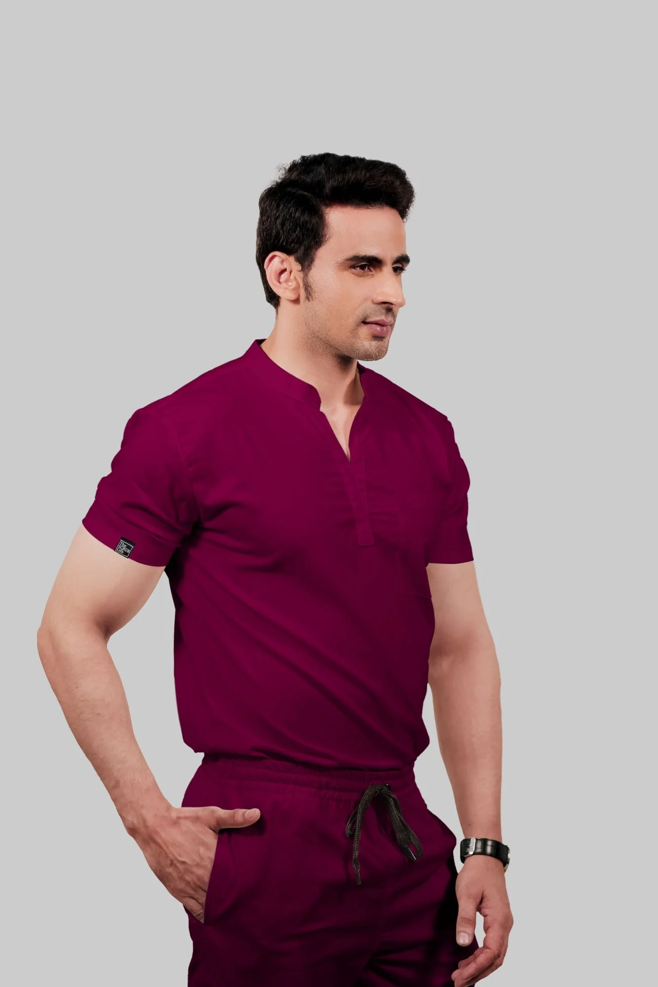 Stretchable (4Way) Men Wine Mandarin Neck With Jogger Scrub Set - Image 6