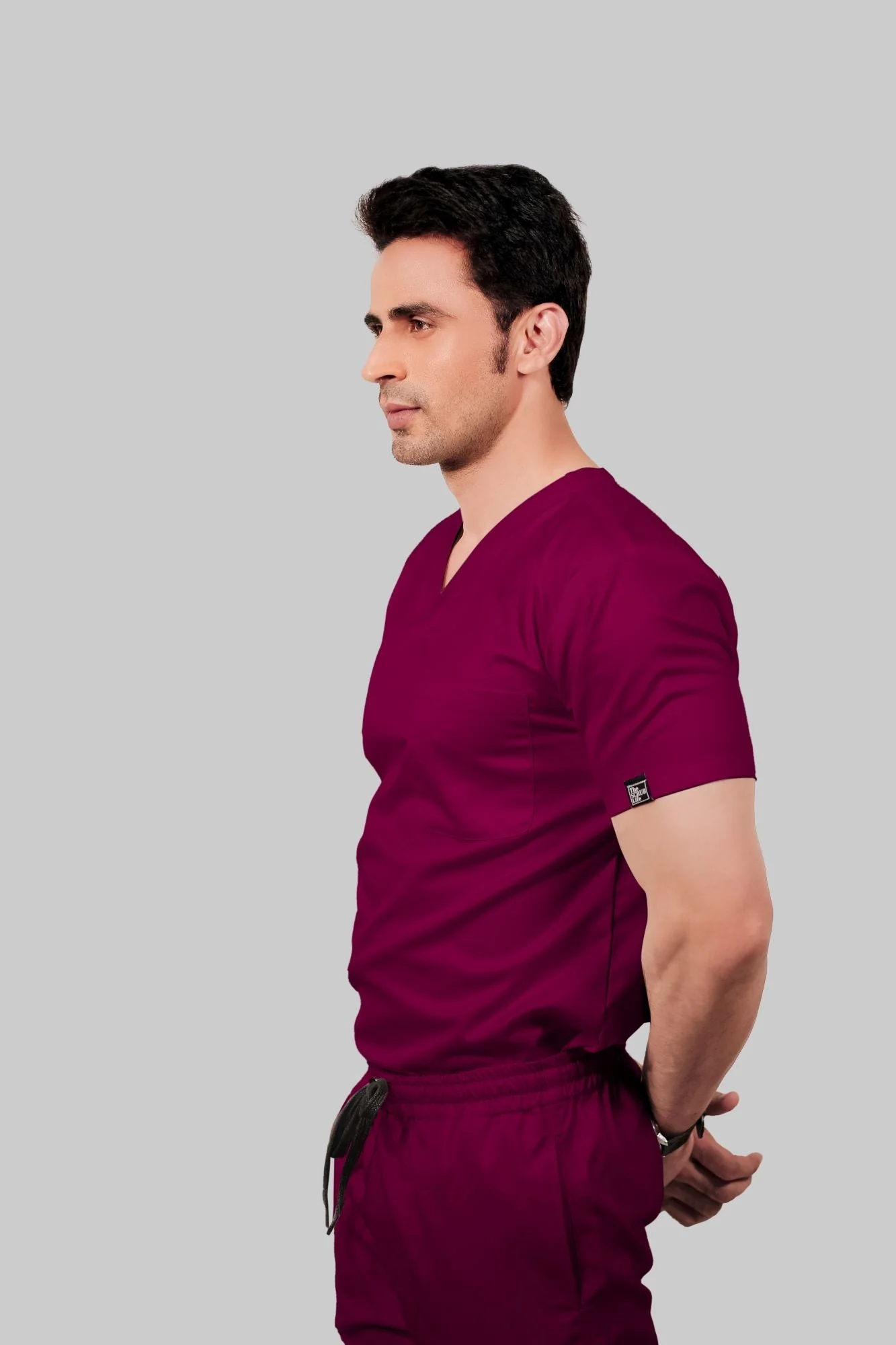 Stretchable (4Way) Men Wine V-Neck With Jogger Scrub Set - Image 4