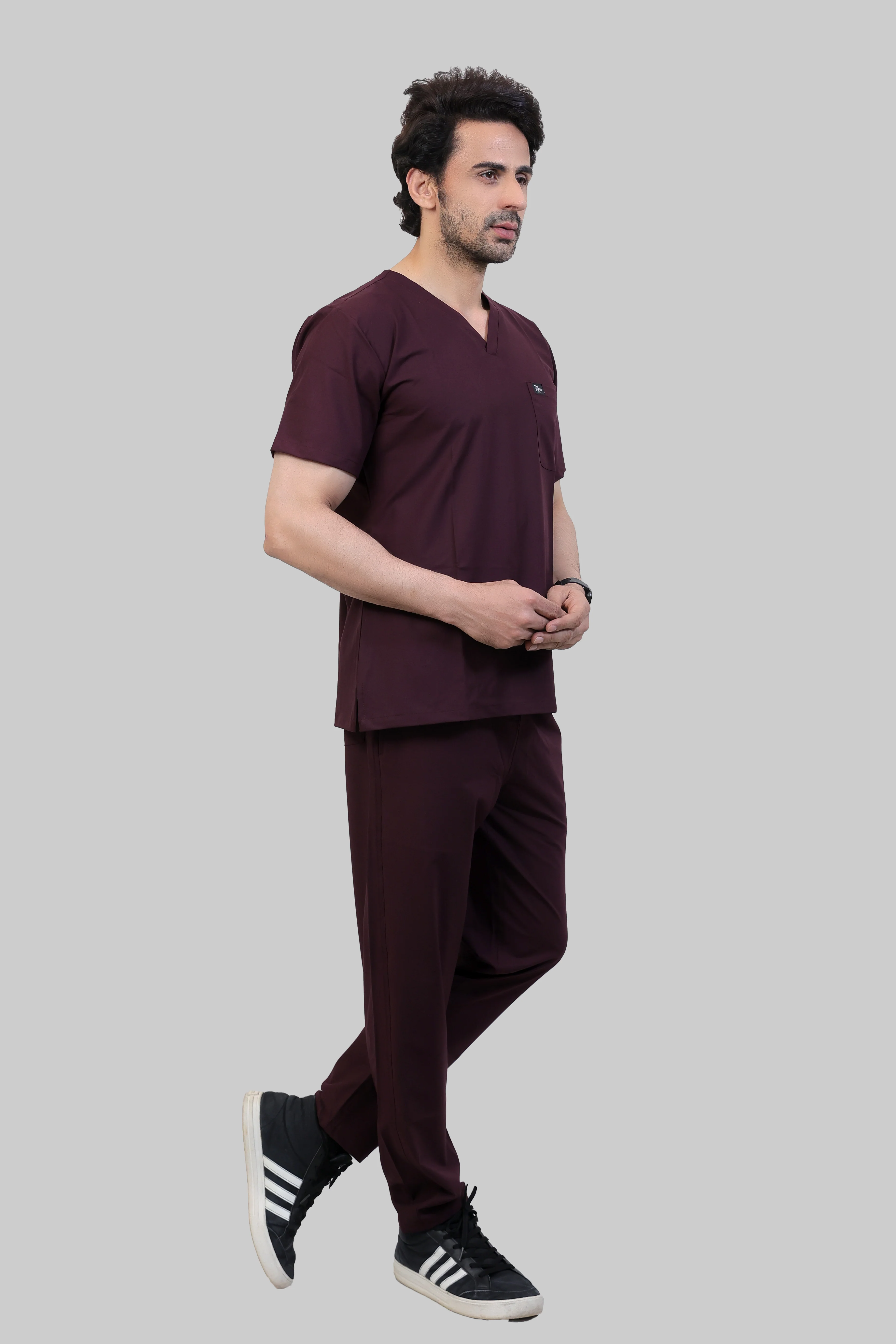 Stretchable (4Way) Men Wine V-Neck With Straight Pant Scrub Set - Image 3