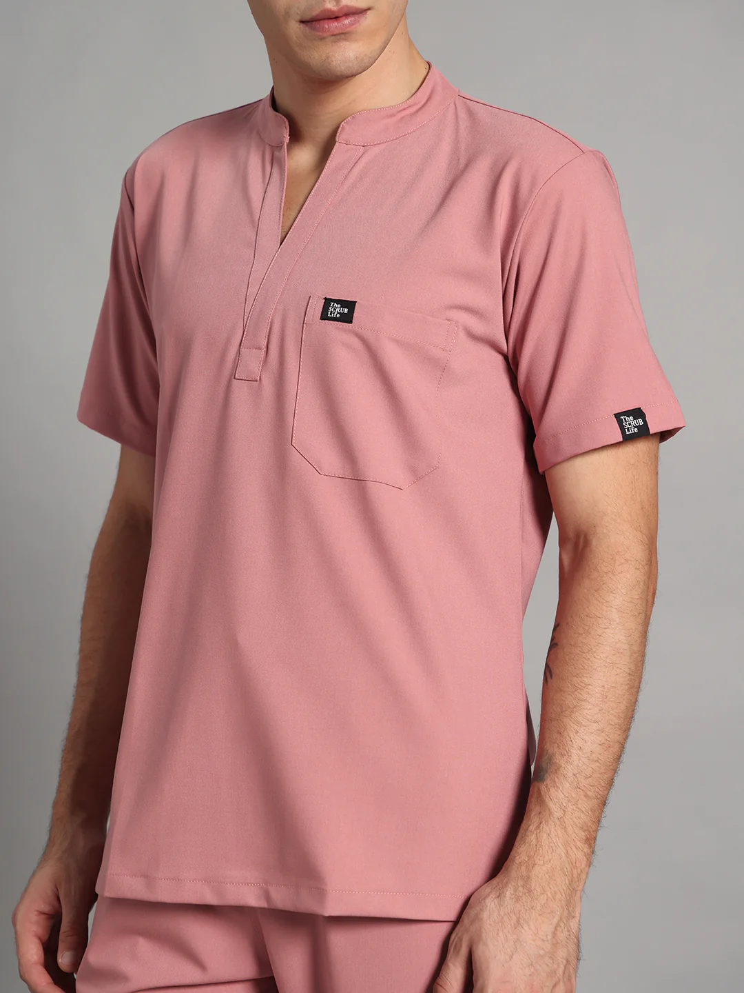 Stretchable (4Way) Men Dusty Pink Mandarin Neck with Straight Pant Scrub Set - Image 2