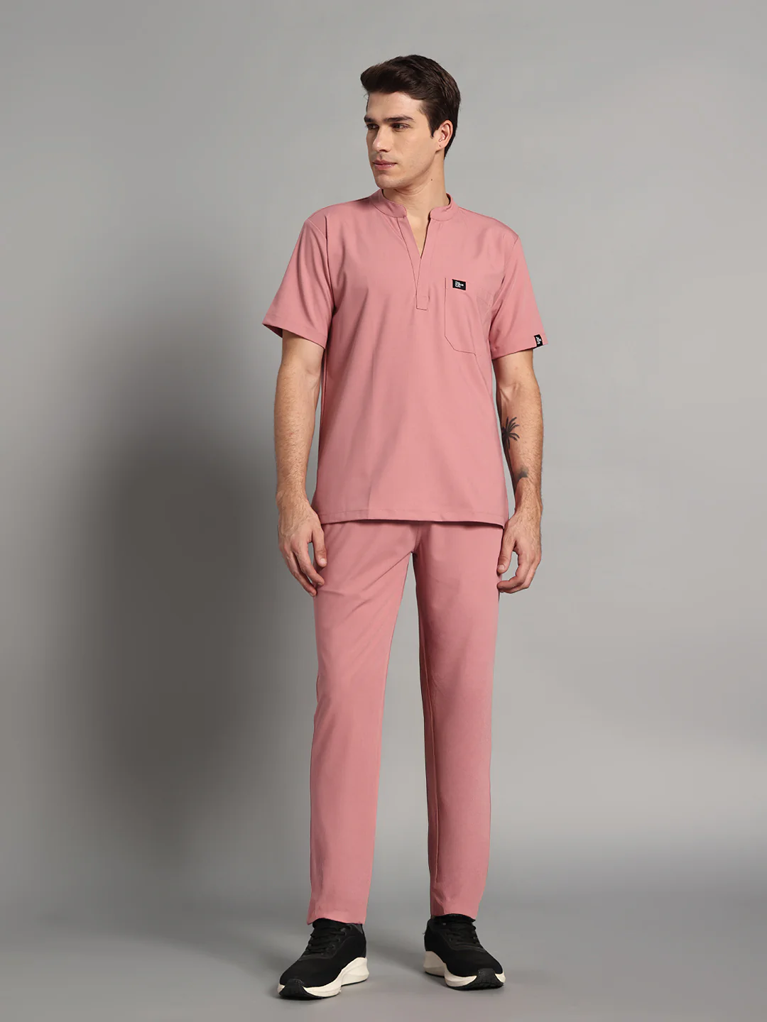 Stretchable (4Way) Men Dusty Pink Mandarin Neck with Straight Pant Scrub Set - Image 3