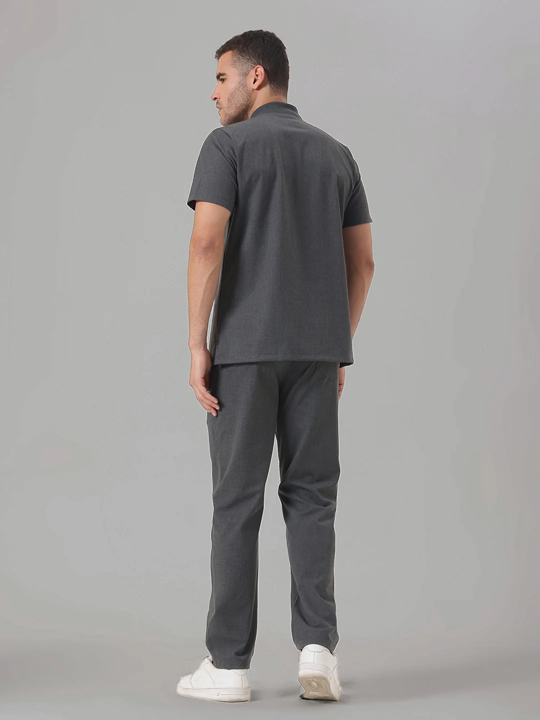 Stretchable (4Way) Charcoal Grey Men Flex Zip Neckline Top With Straight Pants - Image 3