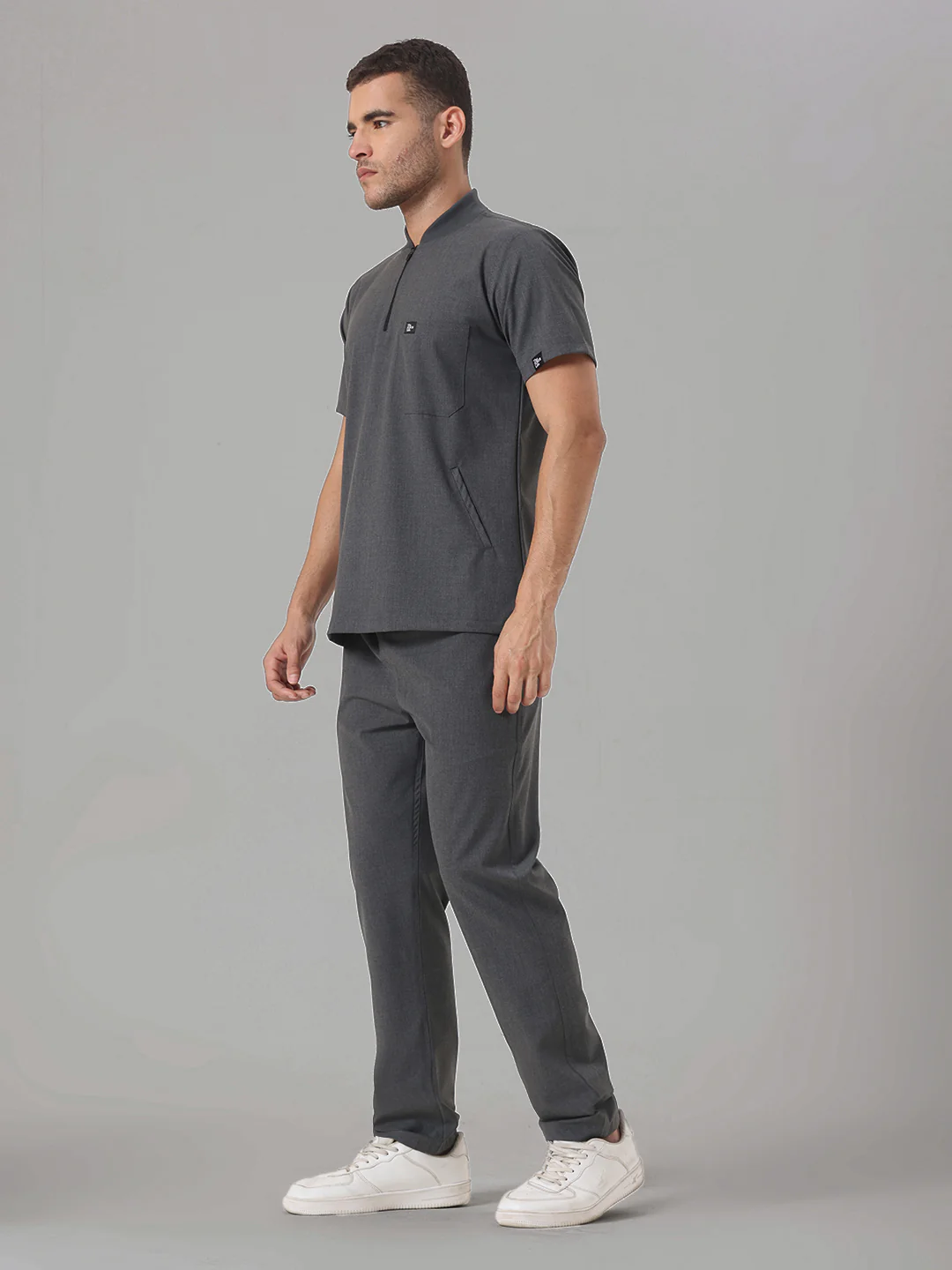 Stretchable (4Way) Charcoal Grey Men Flex Zip Neckline Top With Straight Pants - Image 4