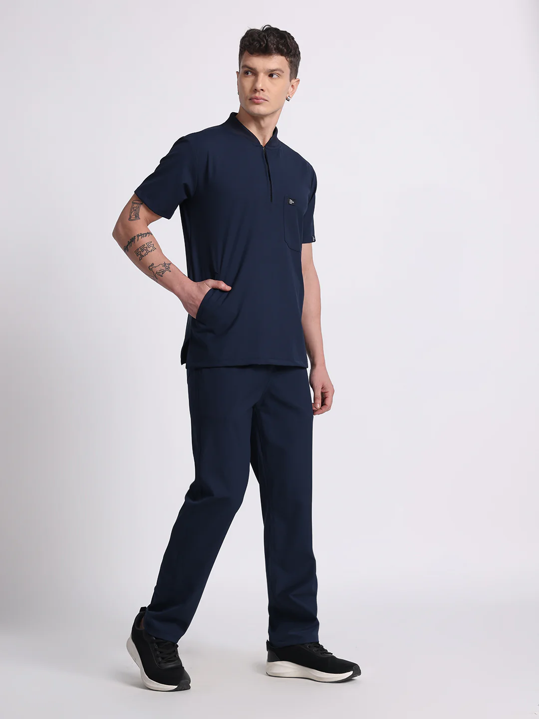 Stretchable (4Way) Navy Blue Men Flex Zip Neckline Top With Straight Pants - Image 6