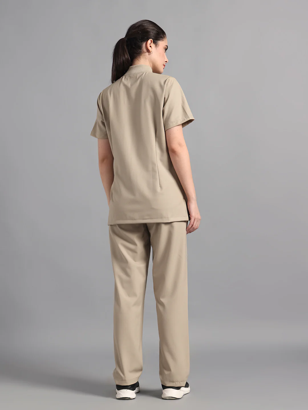 Stretchable (4Way) Beige Women Flex Zip Neckline Top With Straight Pants - Image 4