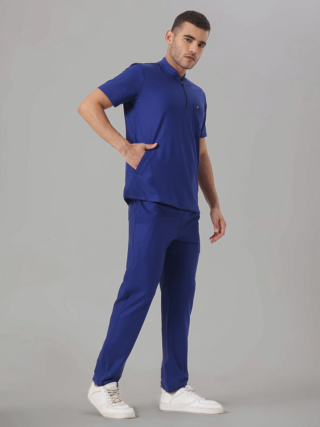 Stretchable (4Way) Royal Blue Men Flex Zip Neckline Top With Straight Pants - Image 4