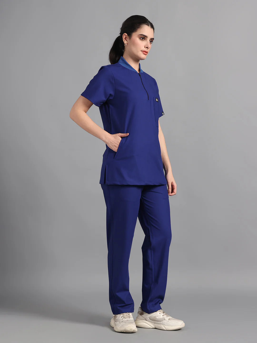 Stretchable (4Way) Royal Blue Women Flex Zip Neckline Top With Straight Pants - Image 4