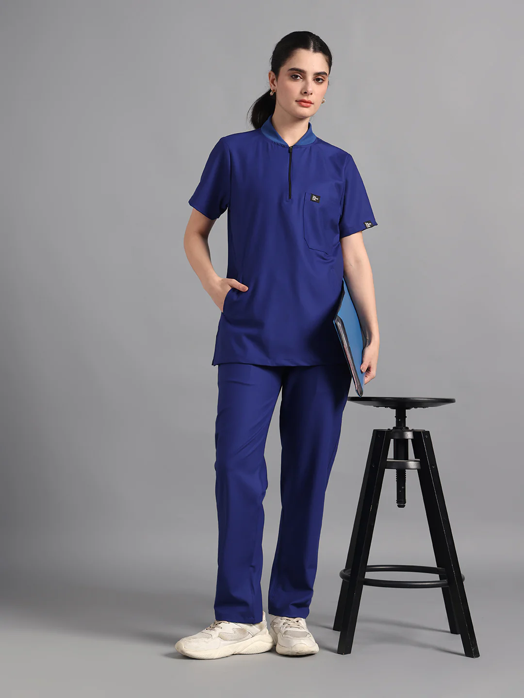Stretchable (4Way) Royal Blue Women Flex Zip Neckline Top With Straight Pants - Image 5