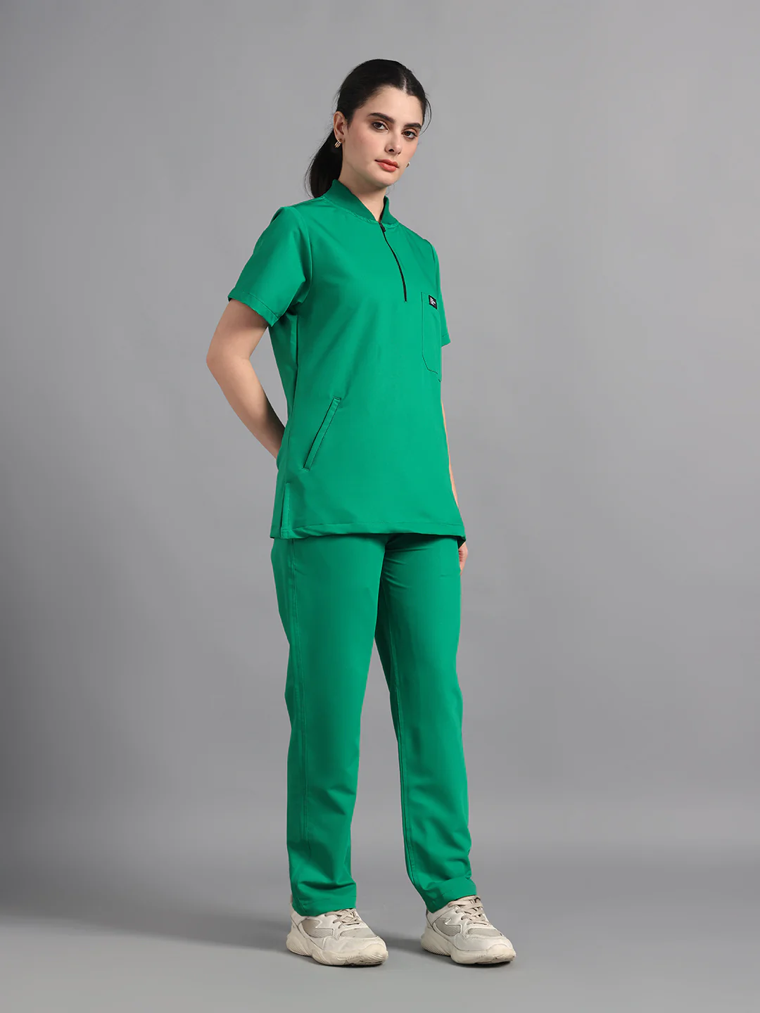Stretchable (4Way) Sea Green Women Flex Zip Neckline Top With Straight Pants - Image 3