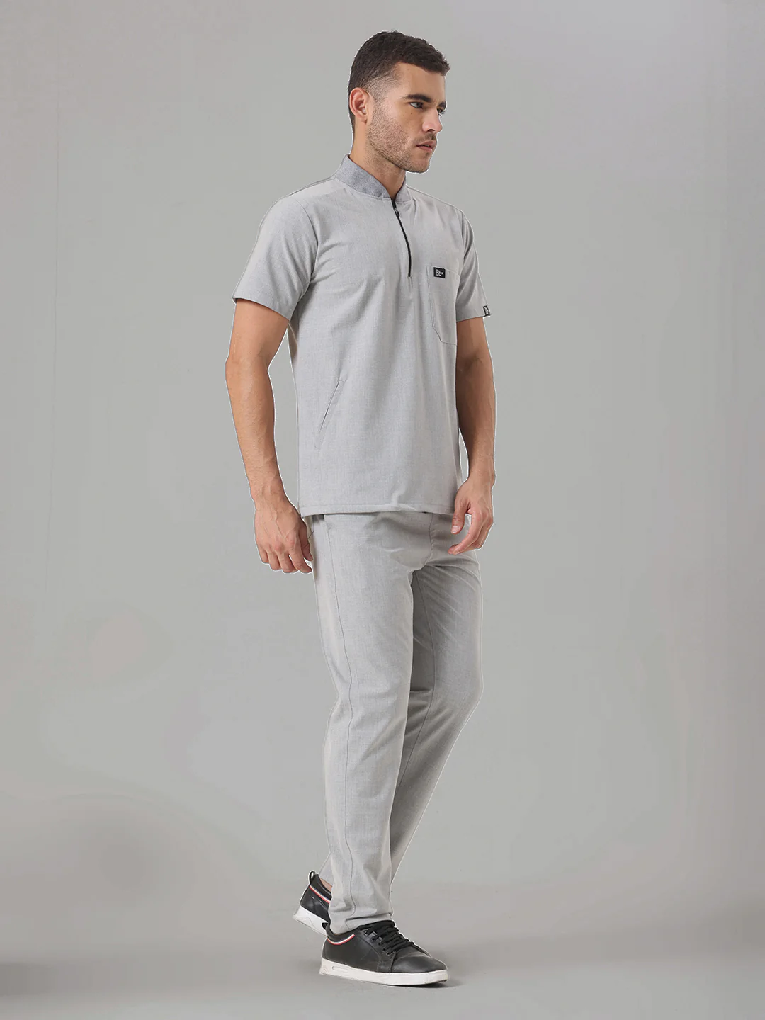 Stretchable (4Way) Light Grey Men Flex Zip Neckline Top With Straight Pants - Image 3