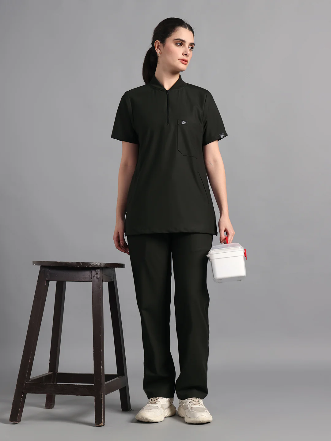 Stretchable (4Way) Olive Green Women Flex Zip Neckline Top With Straight Pants - Image 3