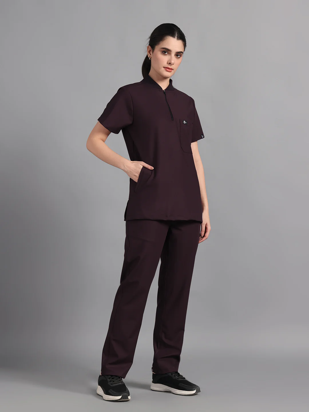 Stretchable (4Way) Wine Women Flex Zip Neckline Top With Straight Pants - Image 2