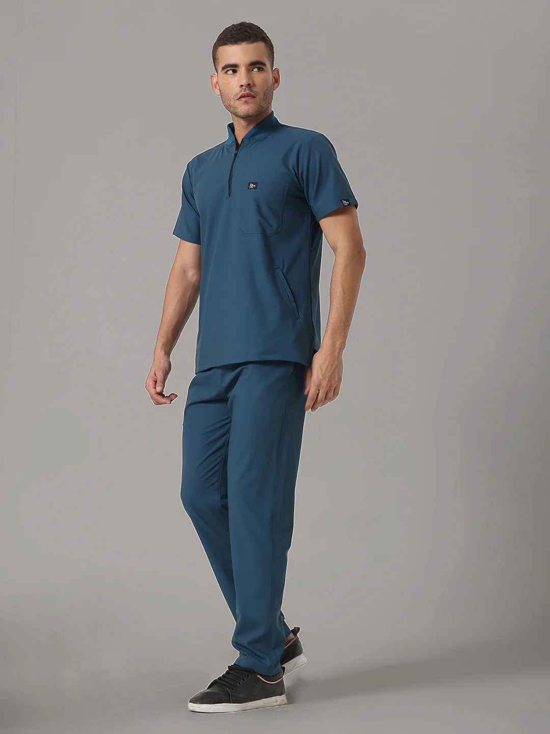 Stretchable (4Way) Peacock Blue Men Flex Zip Neckline Top With Straight Pants - Image 3